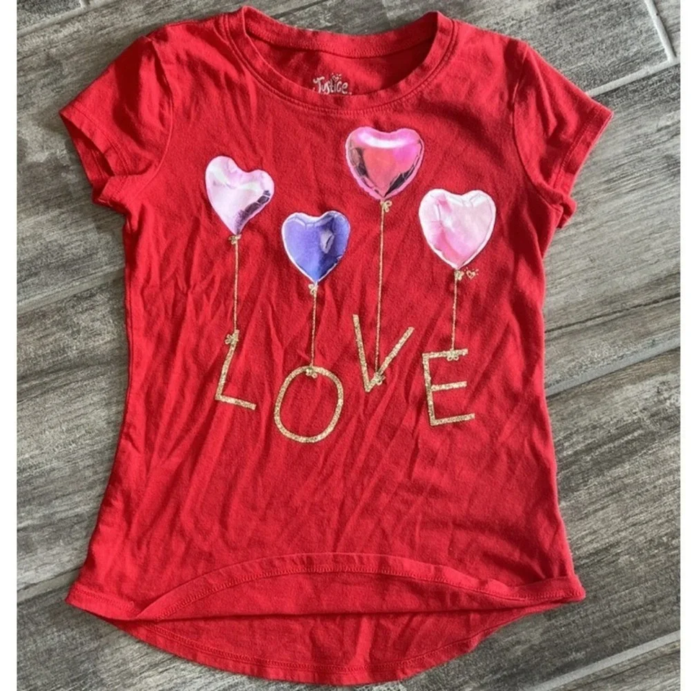 Justice Love Heart Balloons‎ Graphic Tee Shirt Girl's Red Short Sleeve Size 6